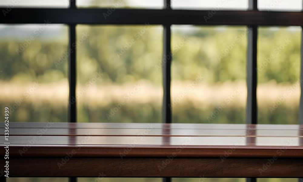 Brown Wood Table Surface with a Blurred Curtained Window Background Brown Wood Table Surface with a Blurred Curtained Window Background