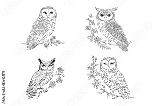 Owl Vector Set: Black White Bird Drawings - Get Nature Graphics