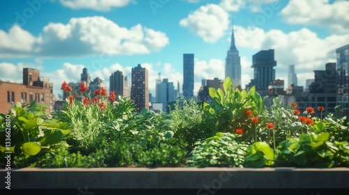 Fototapeta Naklejka Na Ścianę i Meble -  Urban oasis  lush rooftop garden with fresh herbs against a stunning city skyline