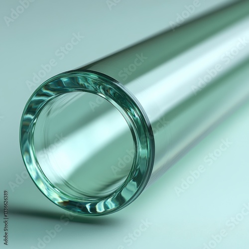 A transparent plastic tube with a slight green tint, capturing light reflections and subtle shadows, placed diagonally.