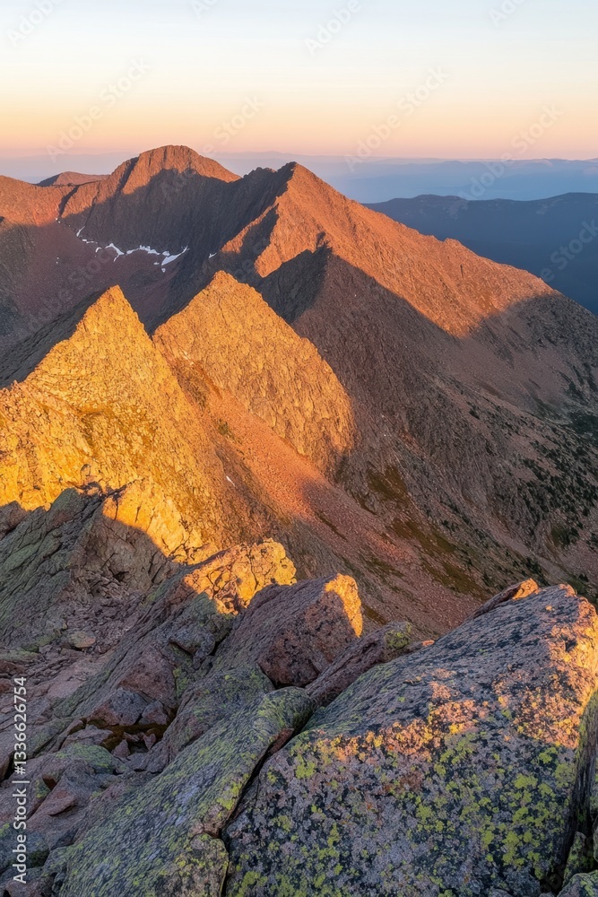Obraz premium Majestic Mountain Landscape at Sunset with Rugged Peaks and Golden Light