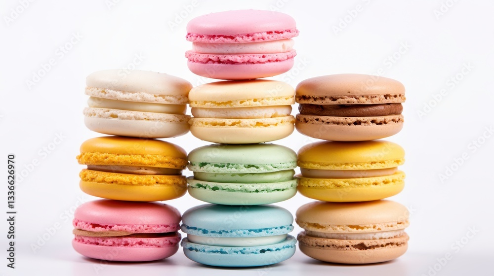 Obraz premium Delicate and Colorful French Macarons Stacked in a Pyramid Formation Against a Clean White Background for Food and Dessert Photography