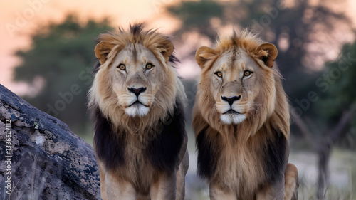 A photo of a pair of African lions, Panthera leo, with a golden mane. The lions are in front of a rocky terrain. The background contains a few trees. The photo has a warm hue due to the evening sun.