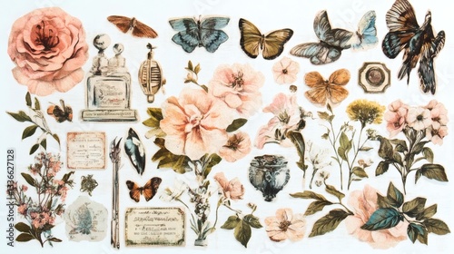 Scrap booking ephemera collage cut out element set isolated on a white background. Decorative vintage photo album flowers, branch, book, bird, butterflies, etc for artistic media.