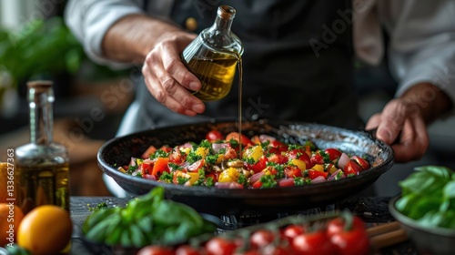 Chef preparing a colorful salad with fresh vegetables and olive oil in a cozy kitchen setting