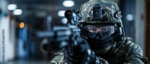 Background with a masked military man with weapons, suitable for articles about military operations, reviews of tactical equipment, advertising of computer games and movies about special forces.