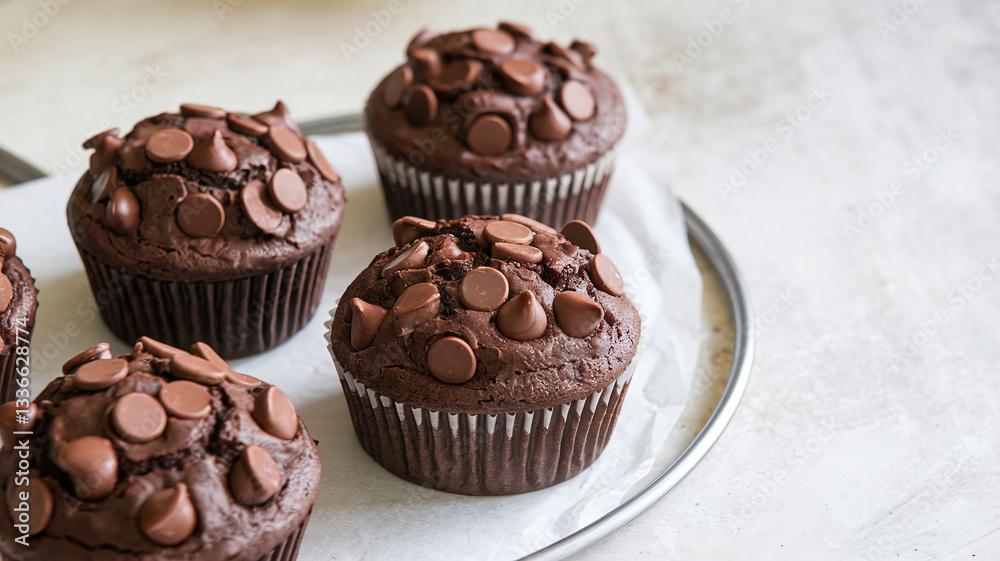 A close-up shot of assorted chocolate muffins with chocolate chips, placed on a table with a light background. The muffins have a rich texture and a delicious homemade appearance. A close-up shot of assorted chocolate muffins with chocolate chips, placed on a table with a light background. The muffins have a rich texture and a delicious homemade appearance.