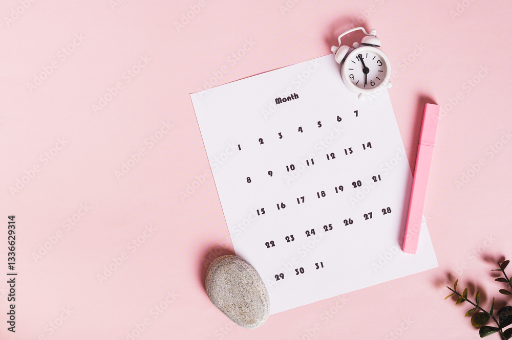 Calendar, alarm clock and marker on pink background top view web banner