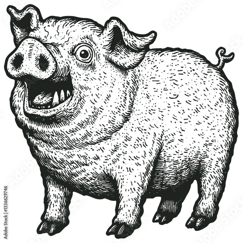 Vector illustration of a pig in detailed black and white engraving style. Textured stippled drawing showing a smiling domestic swine with characteristic snout, ears and curly tail.