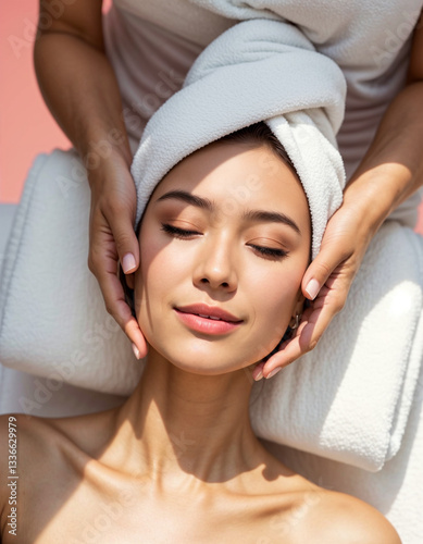 A woman is getting her face massaged by a man