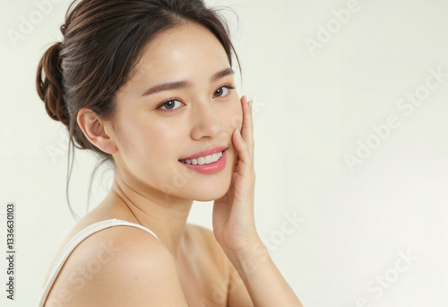 A woman with a white tank top and a ponytail is smiling and touching her face