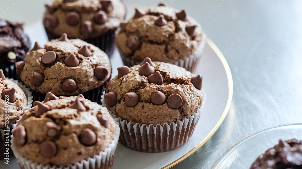 A close-up shot of assorted chocolate muffins with chocolate chips, placed on a table with a light background. The muffins have a rich texture and a delicious homemade appearance. A close-up shot of assorted chocolate muffins with chocolate chips, placed on a table with a light background. The muffins have a rich texture and a delicious homemade appearance.
