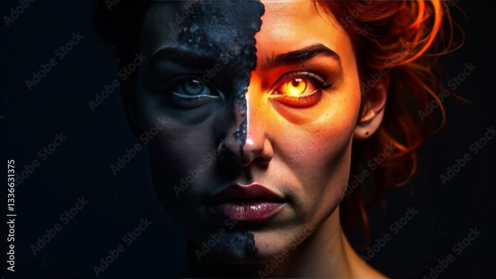 a face divided into two halves, symbolizing the contrast between good and evil, with one eye like a bright sun, emphasizing duality and intensity. a face divided into two halves, symbolizing the contrast between good and evil, with one eye like a bright sun, emphasizing duality and intensity.