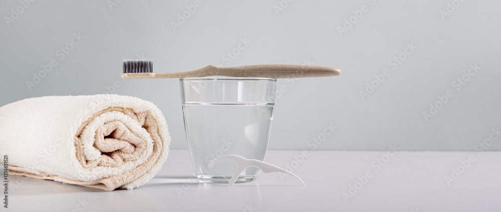 Toothbrush on a glass of water, disposable dental floss in the bathroom web banner