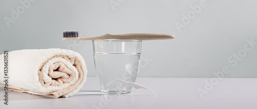 Obraz na płótnie Toothbrush on a glass of water, disposable dental floss in the bathroom web banner w salonie