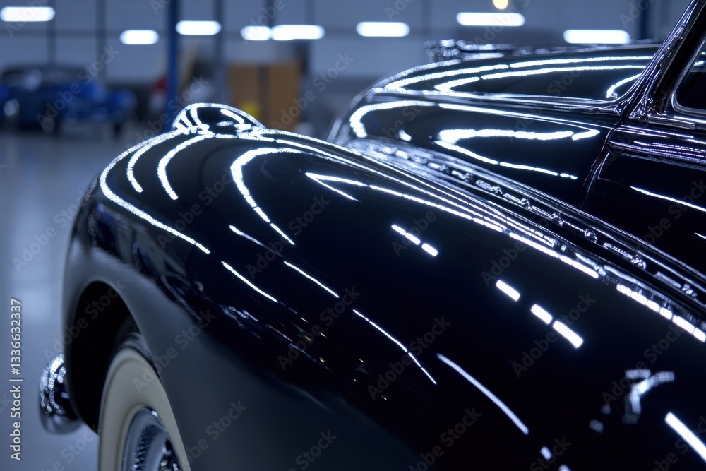 Fototapeta premium Chrome trim shines brightly under artificial lights in car showroom Generative AI