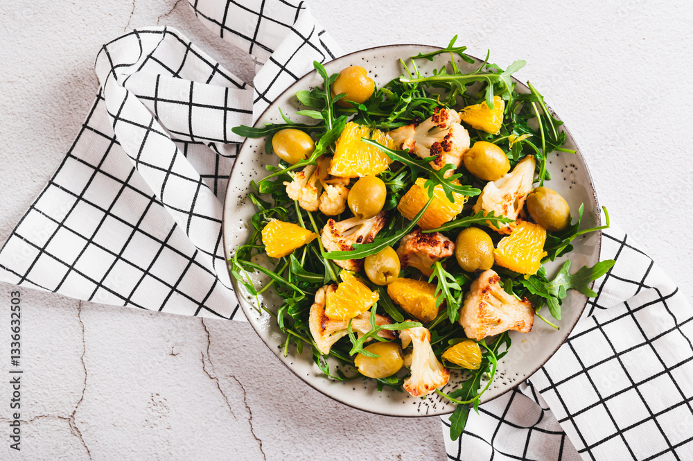 Close up of vegetarian salad with cauliflower, orange, arugula and olives on a plate top view