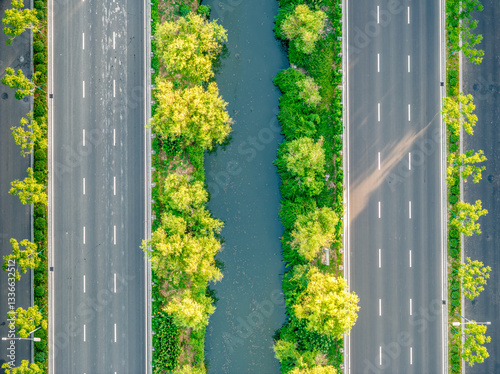 Tableau sur toile Aerial view of highway with green median and trees