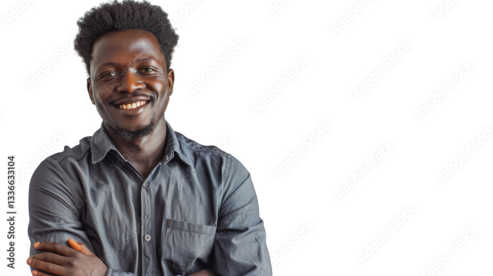 Obraz premium Smiling young businessman with folded arms on transparent background