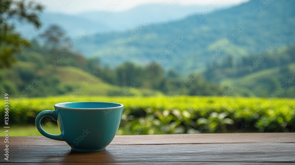 Serene Morning Tea in the Mountains: A Blue Cup on Wooden Table with a Breathtaking View Serene Morning Tea in the Mountains: A Blue Cup on Wooden Table with a Breathtaking View