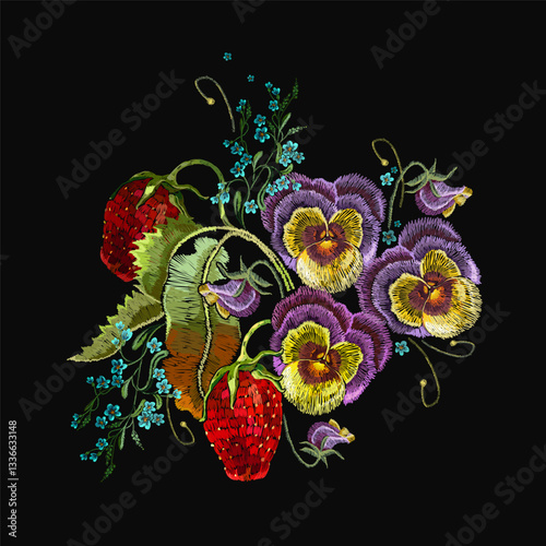 Obraz na płótnie Strawberry plant with leaves, yellow sunflowers, violet flowers and meadow herbs. Embroidery style. Summer garden art. Fashion template for clothes, textiles and t-shirt design w salonie