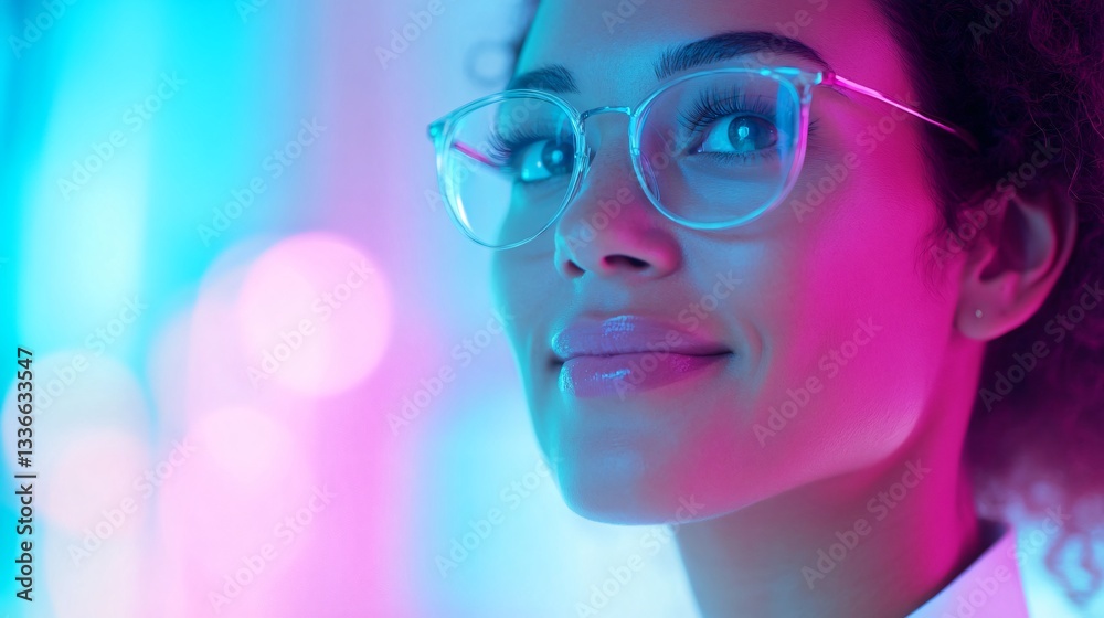 Young professional woman with glasses, thoughtful expression, colorful lighting background, innovation and inspiration theme. Young professional woman with glasses, thoughtful expression, colorful lighting background, innovation and inspiration theme.