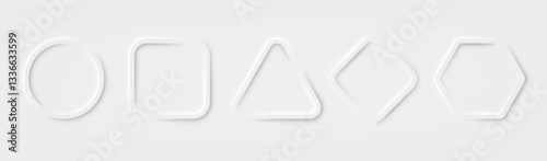 Neumorphism button set in various shape. Design elements for web, mobile app menu. Soft light shadows trendy style. UI components.