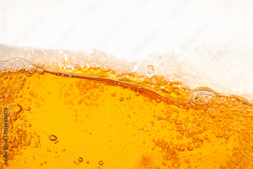 Close up bright orange Oil or beer splash texture and nature waves, Beautiful waves curve and little bubbles smooth for graphic design and background, Oil Bubbles, Soft beer bubbles, Selective focus Close up bright orange Oil or beer splash texture and nature waves, Beautiful waves curve and little bubbles smooth for graphic design and background, Oil Bubbles, Soft beer bubbles, Selective focus