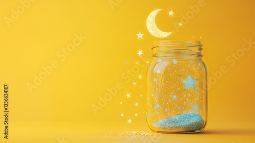 Moon and stars in glass jar, lunar wishes fulfillment, yellow background 