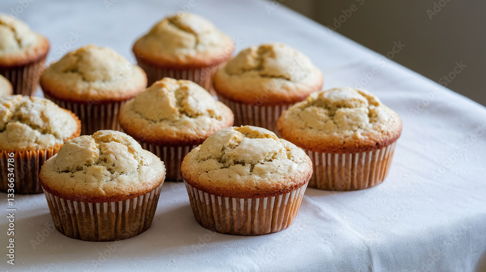 A close-up shot of plain vanilla muffins with a golden-brown crust, placed on a table. Soft texture, homemade bakery style, warm and inviting with natural light. 