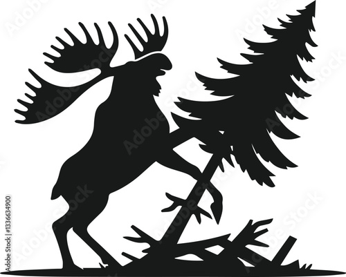vector illustration of a silhouette of a moose knocking over a tree with its leg