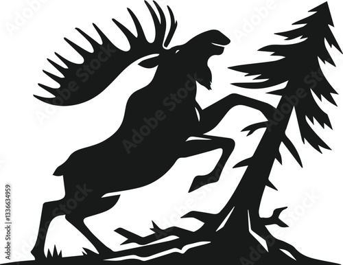 Moose knocking over a tree with its leg vector illustration