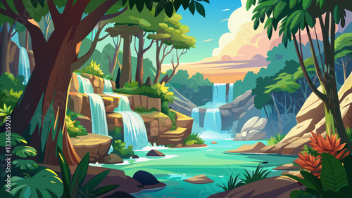 Beautiful nature scenic landscape Erawan waterfall in deep tropical jungle rain forest, Attraction famous landmark tourist travel Kanchanaburi Thailand vacation trips, Tourism destinations place Asia