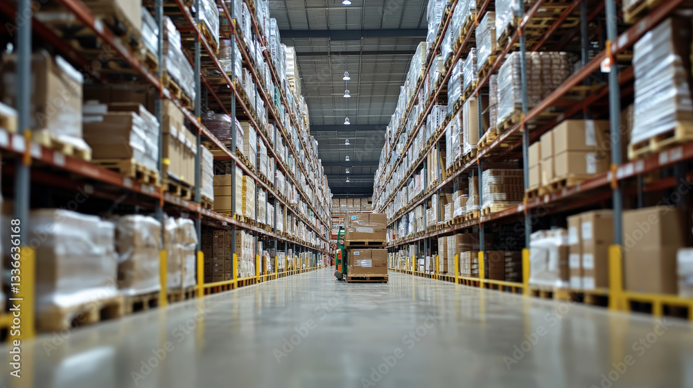 A bustling retail warehouse filled with shelves stocked with goods in cartons, pallets neatly arranged, and forklifts actively moving products. Generative AI A bustling retail warehouse filled with shelves stocked with goods in cartons, pallets neatly arranged, and forklifts actively moving products. Generative AI
