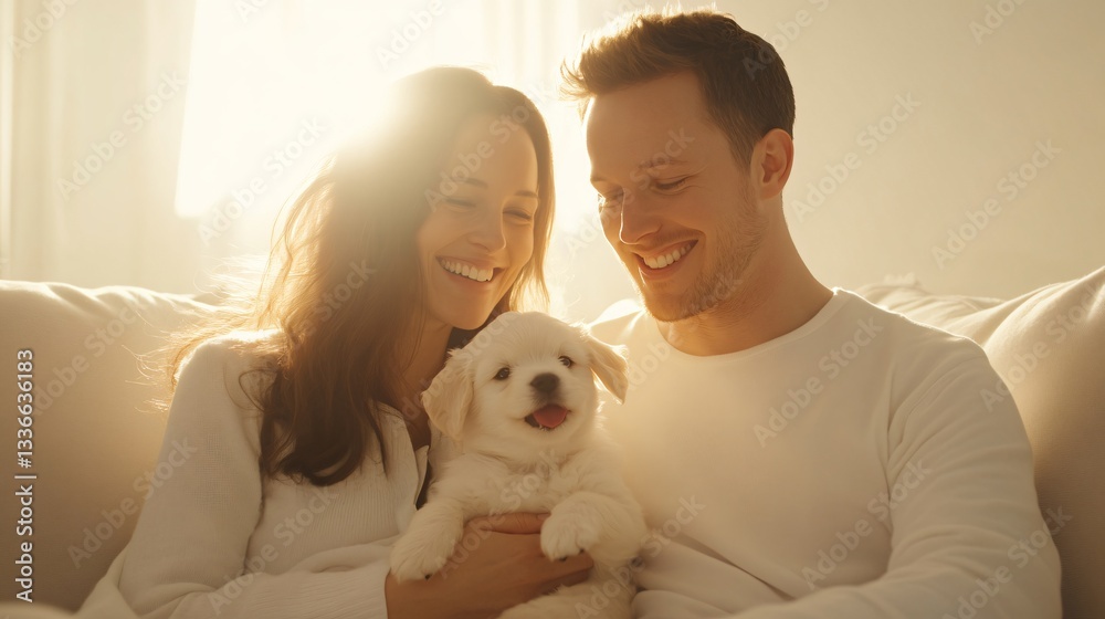 Couple joyfully interacting with their puppy, young adults smiling together in a bright room, cozy family moment. Couple joyfully interacting with their puppy, young adults smiling together in a bright room, cozy family moment.