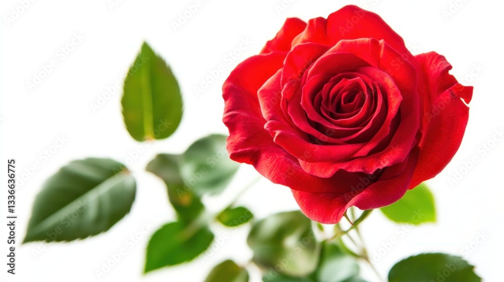 Fototapeta premium Vibrant red rose with lush green leaves against a white background