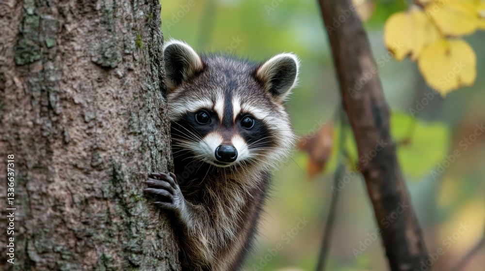 Fototapeta premium A curious raccoon peeking out from behind a tree in the forest