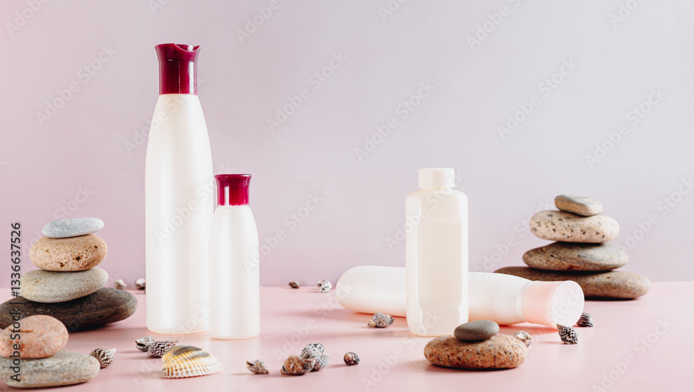 Set of various cosmetic bottles for feminine care on pink web banner