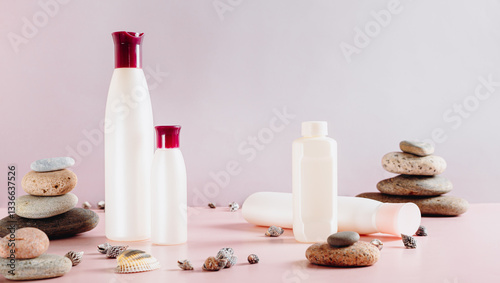 Obraz na płótnie Set of various cosmetic bottles for feminine care on pink web banner w salonie