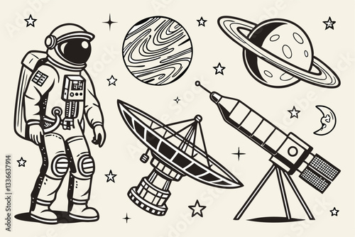 detailed stippled space illustration with astronaut, satellite, and lunar lander
