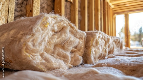 Close-up of insulation material being installed inside modern home walls, highlighting energy efficiency, home construction, and sustainable building practices in a clean, professional setting.
