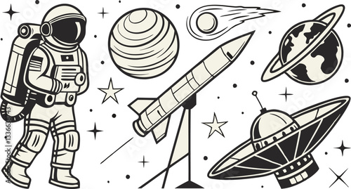 vintage black and white halftone illustration of space exploration elements
