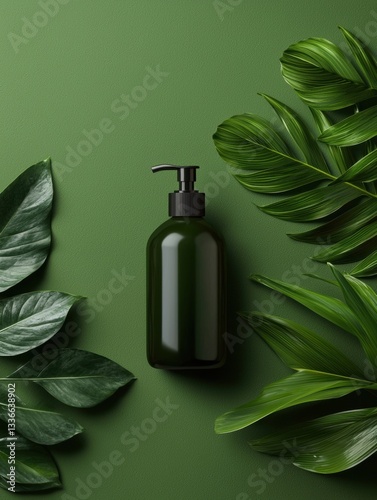 Black plastic bottle with a pump dispenser on a green background. the bottle is cylindrical in shape and has a glossy finish.