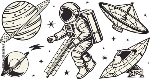 retro sci-fi halftone artwork featuring astronaut, ufo, and space station
