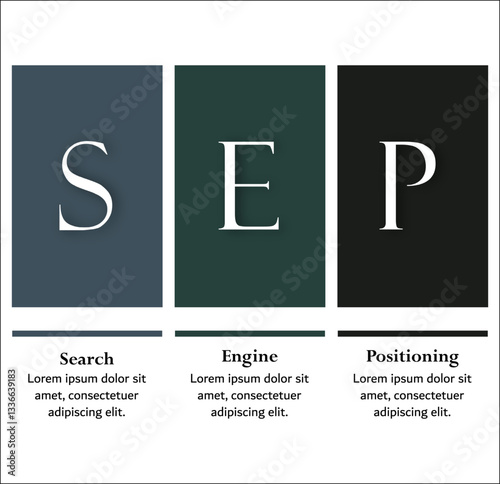 SEP - Search Engine Positioning acronym. Infographic template with icons and description placeholder