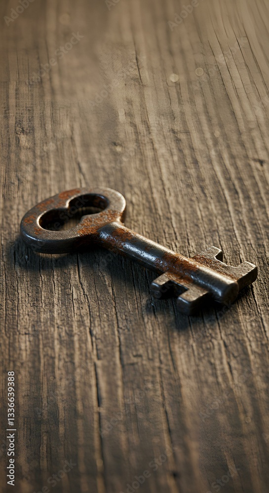 A macro shot of an old-fashioned iron key resting on a weathered wooden surface with visible cracks and deep grain patterns A macro shot of an old-fashioned iron key resting on a weathered wooden surface with visible cracks and deep grain patterns