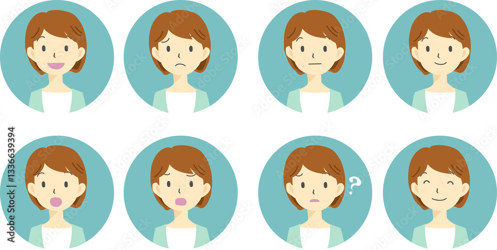 女性の表情アイコンセット