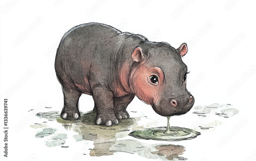 Fototapeta premium Painted drawing illustration of a baby hippo wading in a tiny puddle. On white background. Kids book style