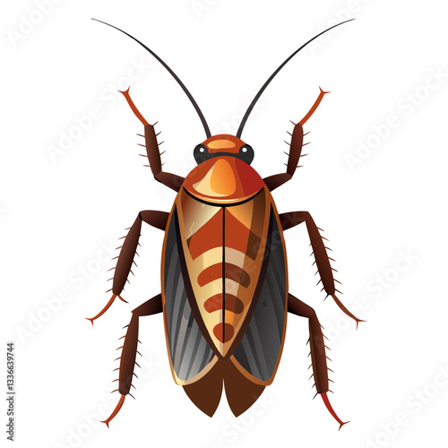 a cockroach with a brown and orange body, black antennae, and spiky legs.