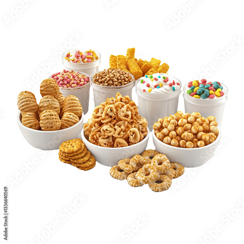 Assorted breakfast cereal selection in white bowls photo